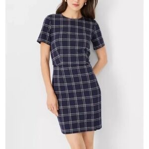 NWT: Ann Taylor Navy Blue  Doublepane Plaid Puff Sleeve Sheath Dress, 14